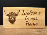 Bamboo Highland Cow Welcome Sign