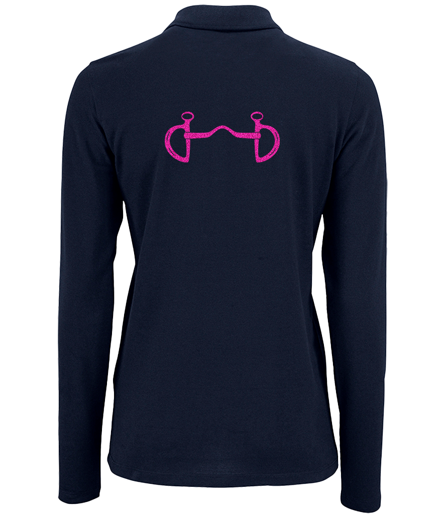 Ladies Long Sleeve Polo with Glitter design - Dressage Designs